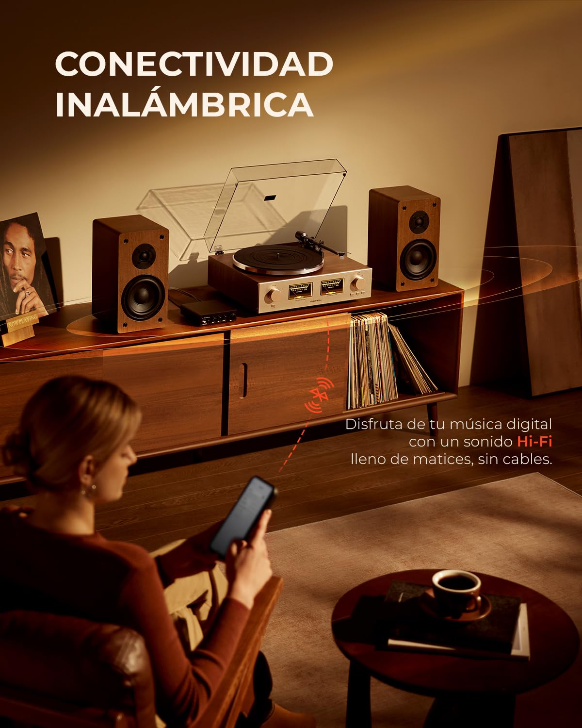 QLEARSOUL HiFire X Tocadiscos de Vinilo, Sistema Giradiscos HiFi Audiophile con Altavoces de Estantería 100W, VU Meter, Preamplificador DSP, Compatible 33/45 RPM, RCA Line IN | out