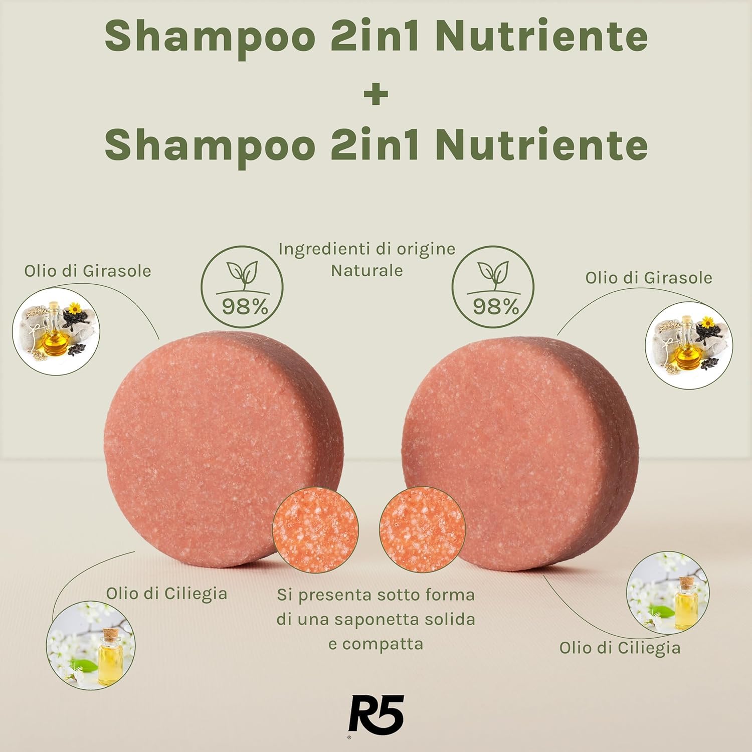 R5, Solido 2-in-1-Shampoo, 2 Stück, integrierte Spülung, 98% Inhaltsstoffe natürlichen Ursprungs, Kirsch- und Sonnenblumenöl, Blumenduft, dermatologisch und nickelgeprüft, vegan, hergestellt in