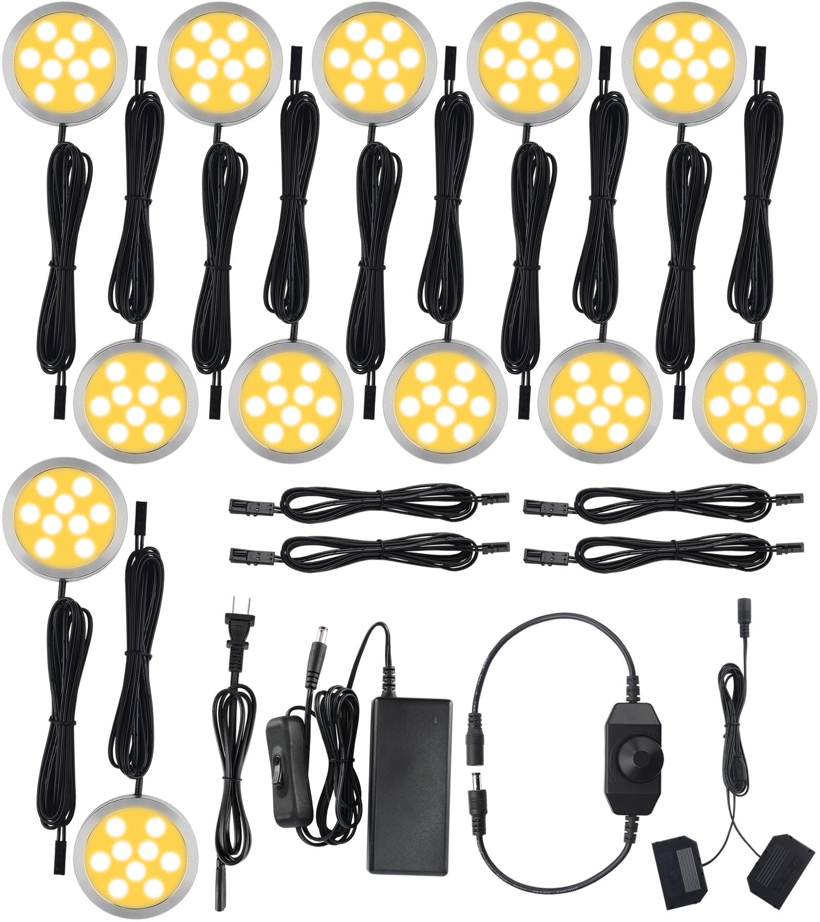 Meigour LED Puck Lights Kit for Under Cabinet Lighting, Rotary Dimmer Switch, Plug in & Hardwired, 110V AC Powered to DC12V, Black Cords, 12 Lights, Warm White