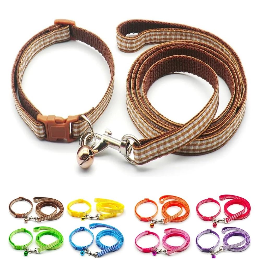 Doggie Style Store Small Dog Puppy Pet Collar and Lead Set Check Design Nylon Adjustable Size 19-32cm Collar with Bell and 120cm Leash Brown