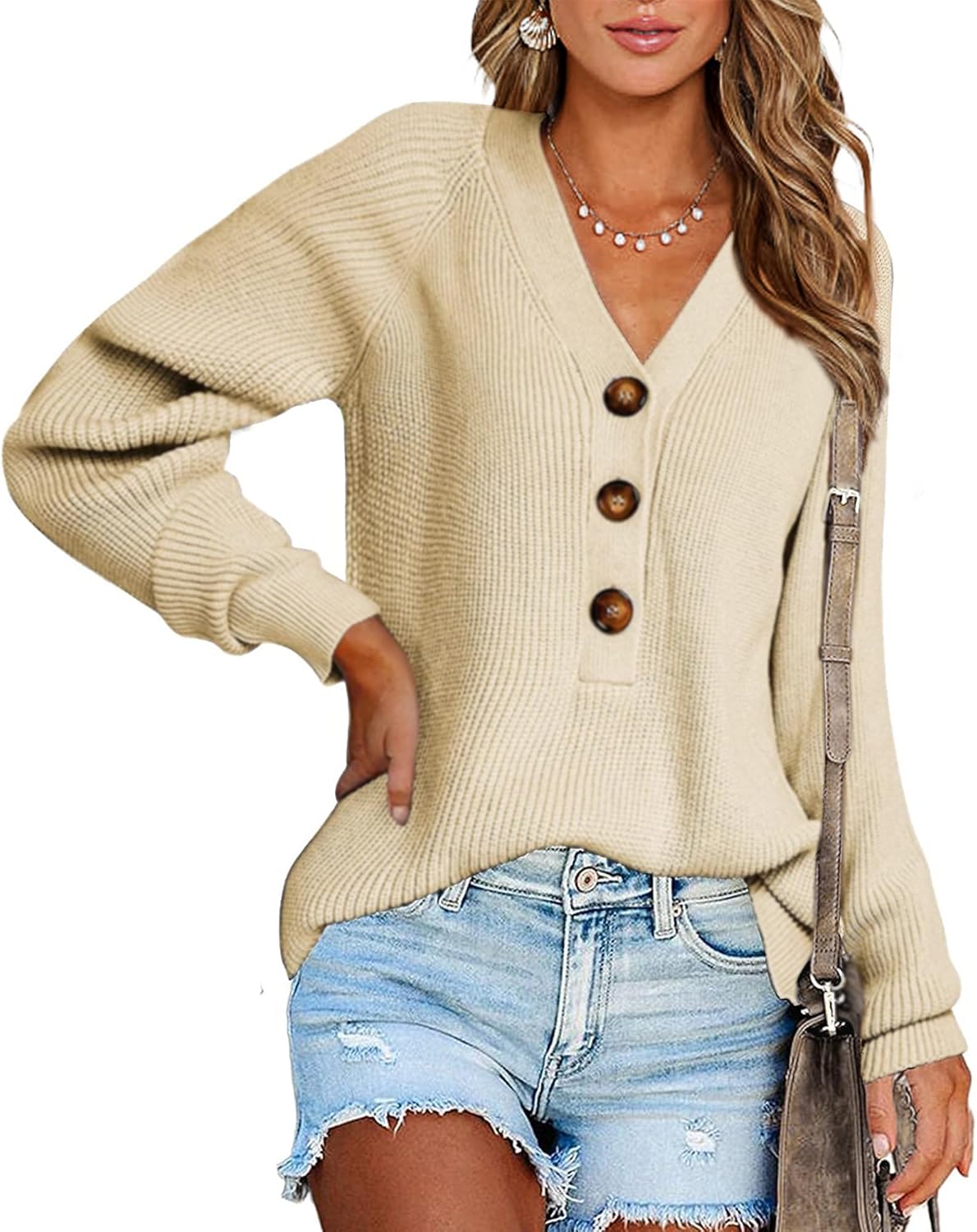 BTFBM Women Long Sleeve V Neck Button Down Sweater Solid Color Ribbed Knit Sweater Casual Relaxed Fit Pullover Jumper