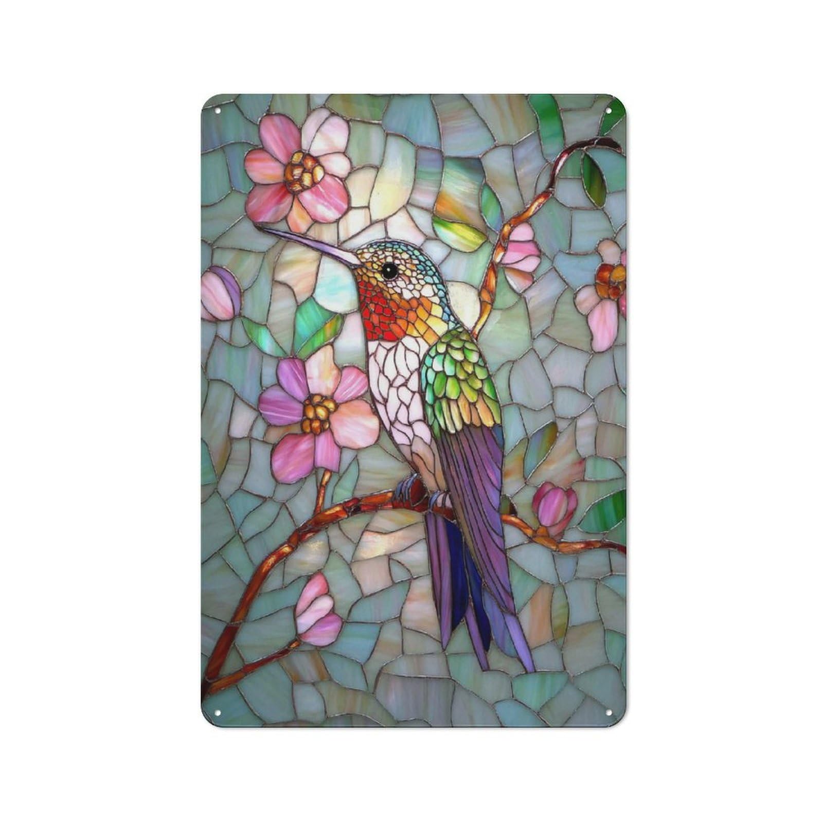 Junmoney Stained Glass Hummingbird Classic Metal Wall Decor 30X20cm, Tin Sign For Bar, Kitchen, Garage Or Games Room