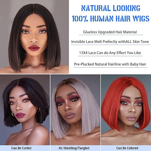 Miniatura 4 de Fyfoerlin Peluca de cabello humano de color natural, cabello humano corto estilo Bob, encaje frontal de 13 x 4, pelucas de cabello humano
