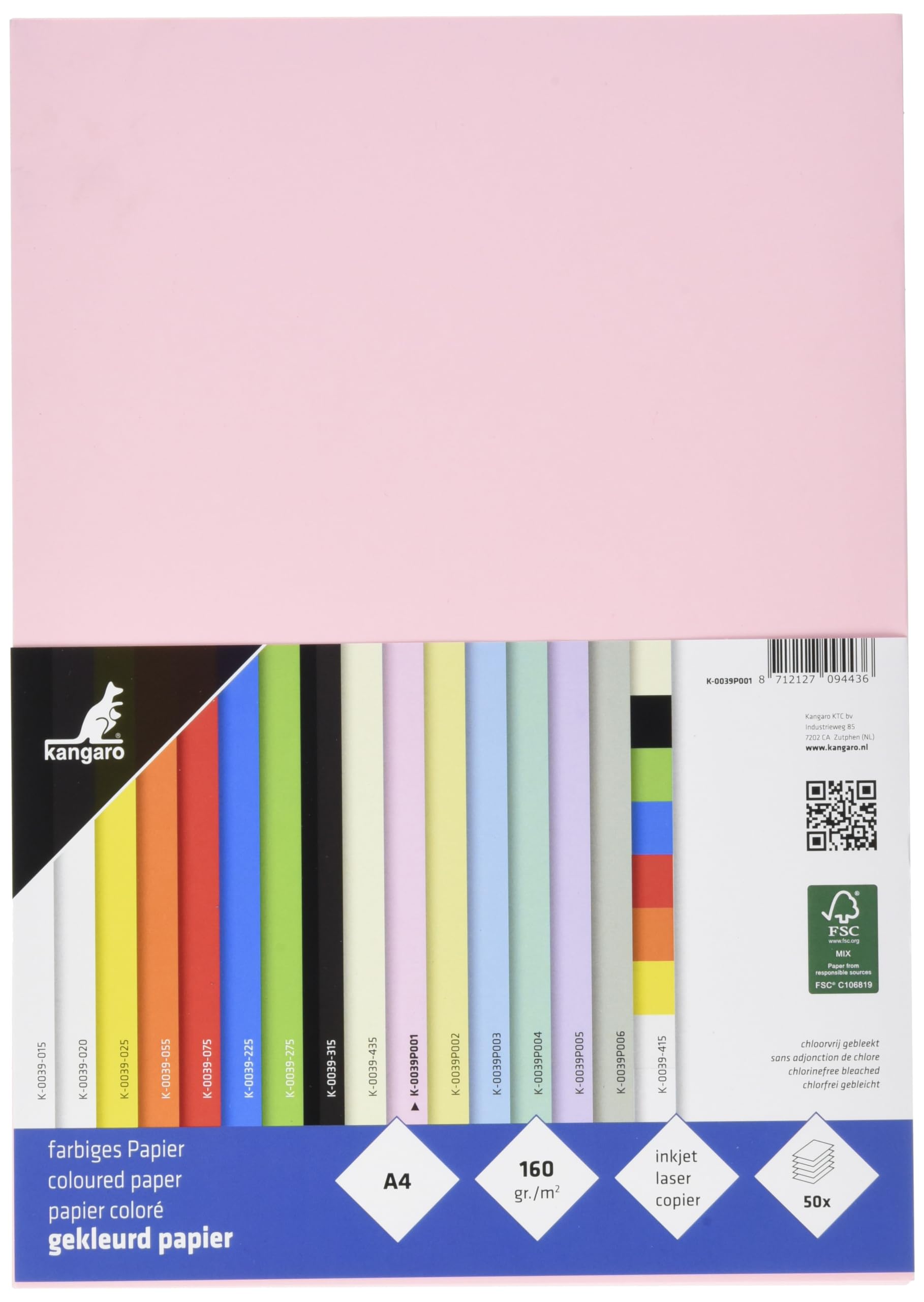 Kangaro - Papier kolorowy pastelowy różowy DIN A4-160 g/m² FSC mix – 50 sztuk – papier listowy, do majsterkowania i majsterkowania
