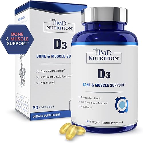 1MD Nutrition Cápsulas blandas de vitamina D3 de 5000 UI | Salud ósea, función muscular y apoyo inmunológico | Sin trigo y sin OMG con aceite de