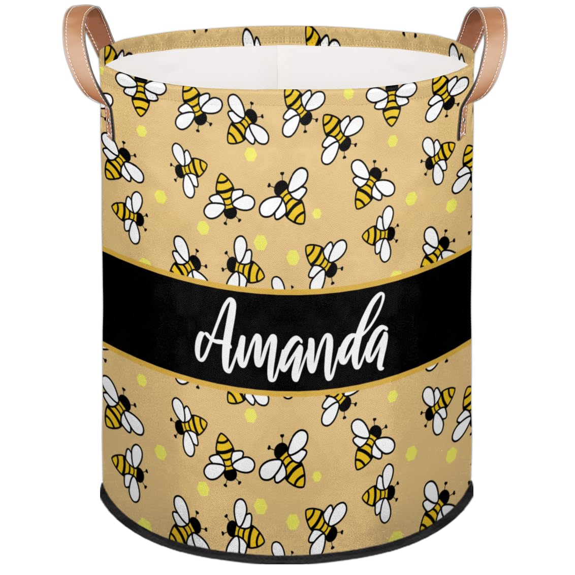 Personalized Laundry Hamper with Name Custom Name Collapsible Dirty Clothes Basket Circular Laundry Baske with Handles for Bathroom Bedrooms Dorm Honeybee