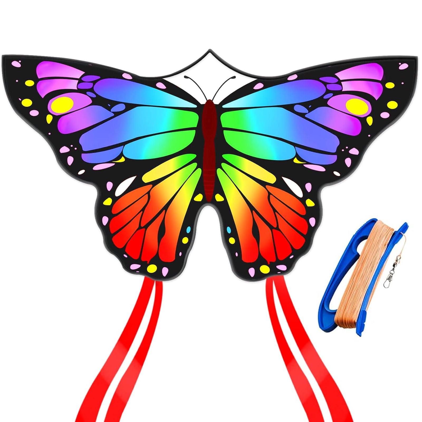 Flying Hoofer Butterfly Kite for Kids & Adults Easy to Fly, 55" x 28" Large Single Line Kite for The Beach, Comes with 300 FT String Handle.(Rainbow)