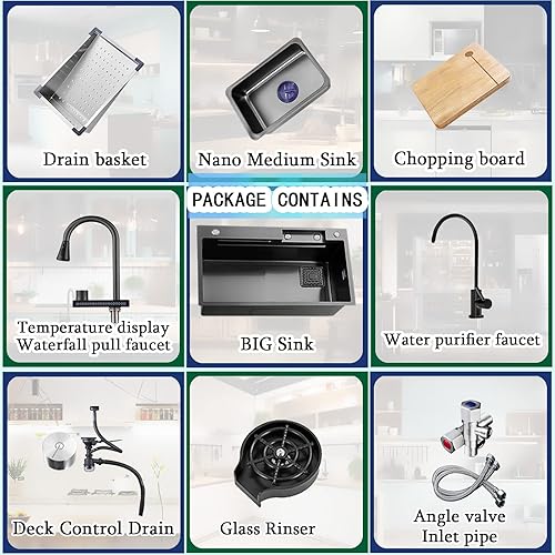 Miniatura 3 de NOYHHAV Pantalla de temperatura Cocina cascada Fregadero de 29.5 pulgadas Fregaderos de cocina Fregaderos de cocina de acero inoxidable negro con