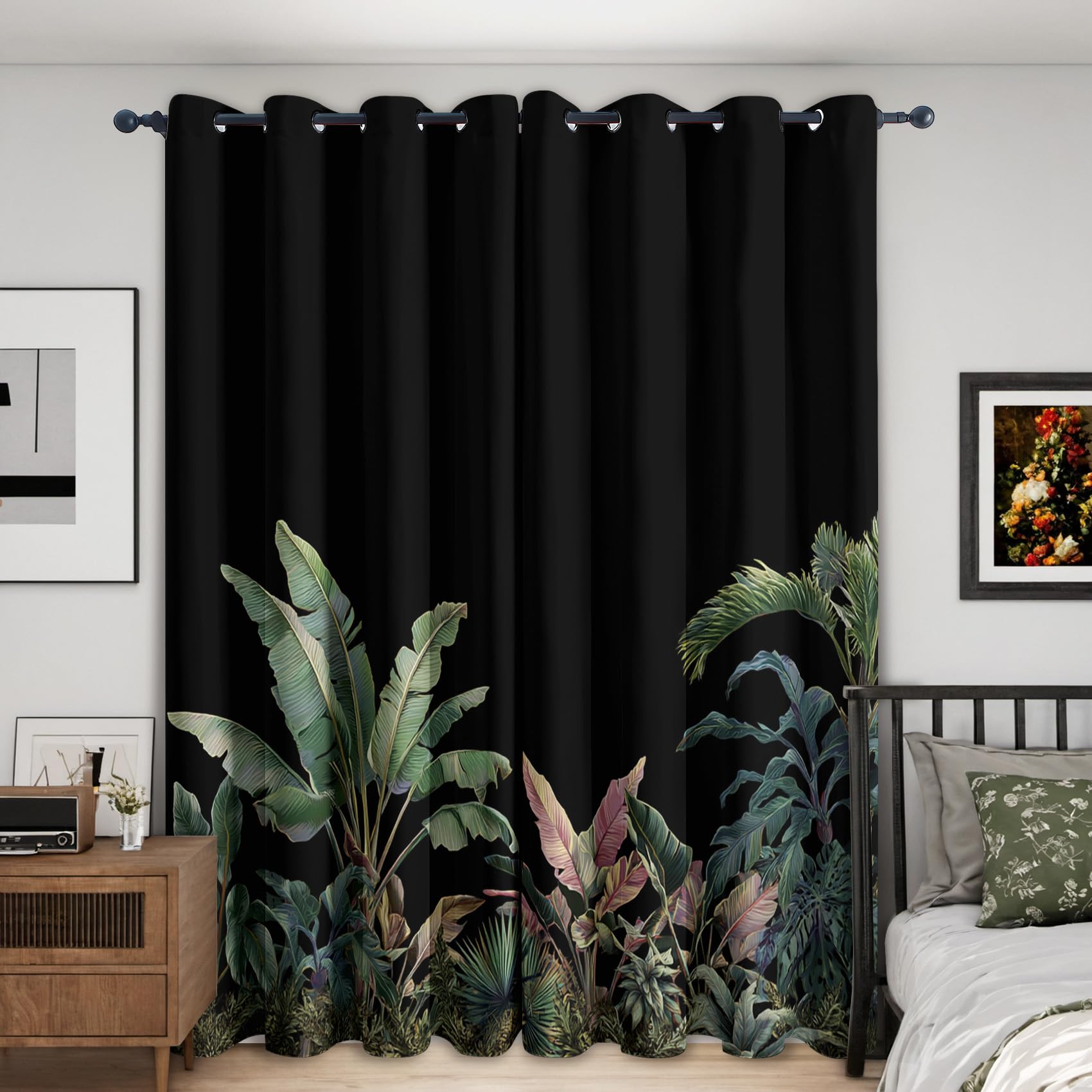 NIYAKA Tropical Jungle Blackout Curtains for Living Room, Green Banana Leaf Curtains for Bedroom, Thermal Insulated Eyelet Jungle Themed Window Treatments 90 Drop, 2 Panels Drapes (W90 x L90)