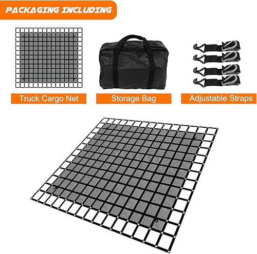 Miniatura 6 de Red de carga resistente para camión con malla, 6.75 pies x 8 pies, 1500 libras, red de carga elástica con correas, hebillas de leva y ganchos en J