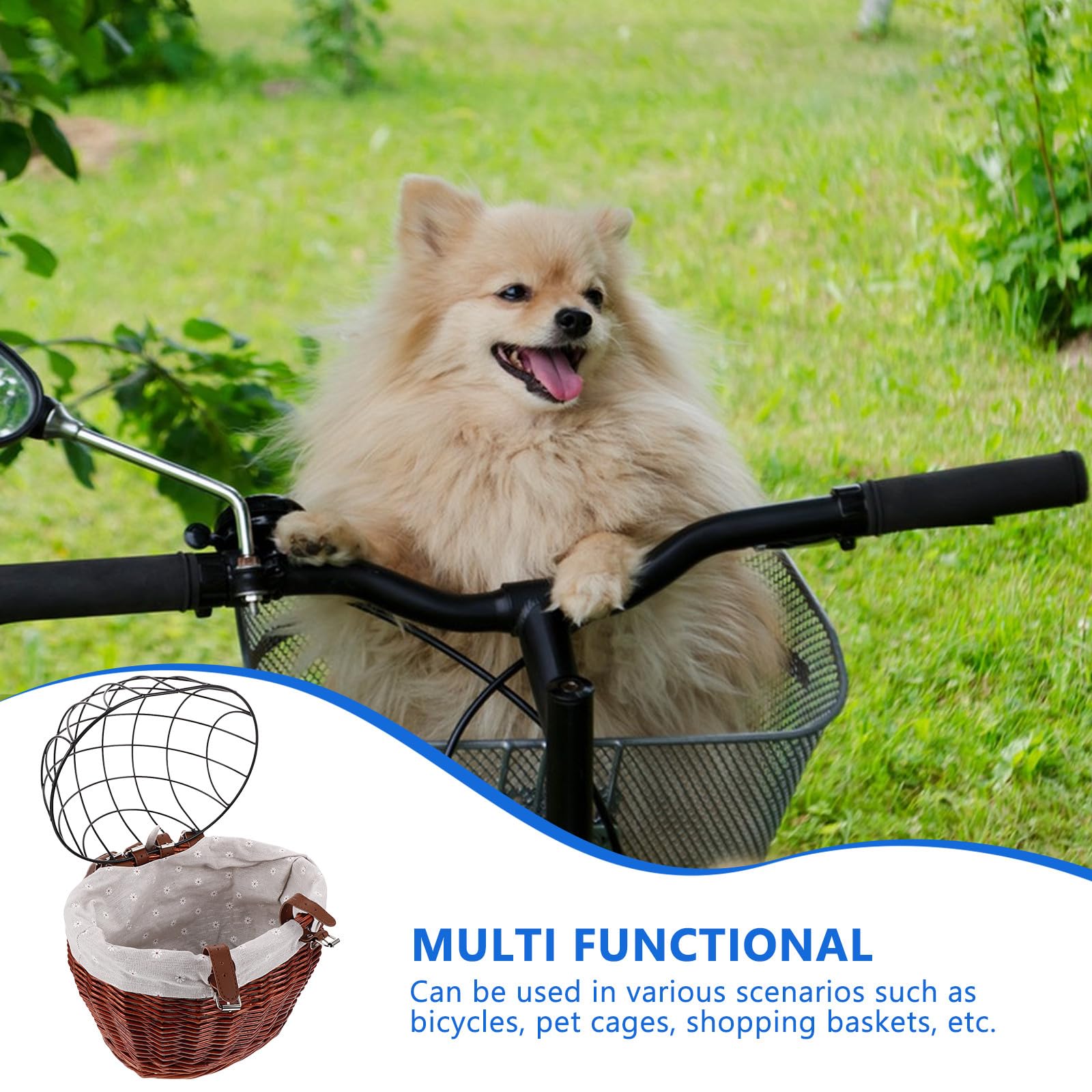 Cestino da Bici Anteriore in Vimini per Cani e Animali Domestici, Sicuro e Multifunzionale con Copertura a Rete, per Spostamenti e Shopping