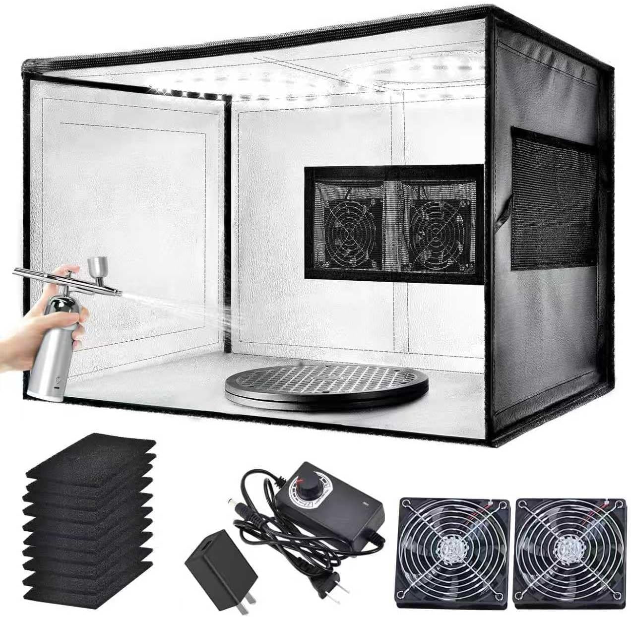Portable Paint Booth with Dual Exhaust Fans, Airbrush Spray Booth&3-Color Shadowless LED Light with a Transparent Protective Cover,Ventilation Hose,Hobby Spray Booth Kit for Painting Model