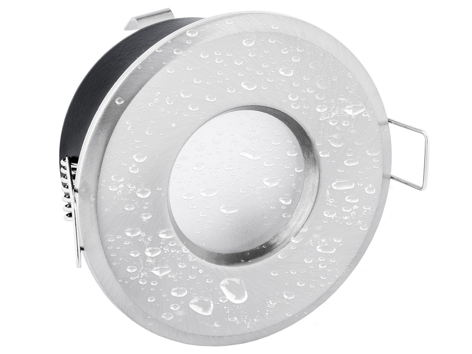linovum Einbaurahmen 10er Set IP65 silber rund GU10 Bad Fassung | Zehn Deckenrahmen IP65 Alu gebürstet - mit Milchglas für Bad, Dusche & außen, für GU10, inkl. Fassung (ohne Leuchtmittel)
