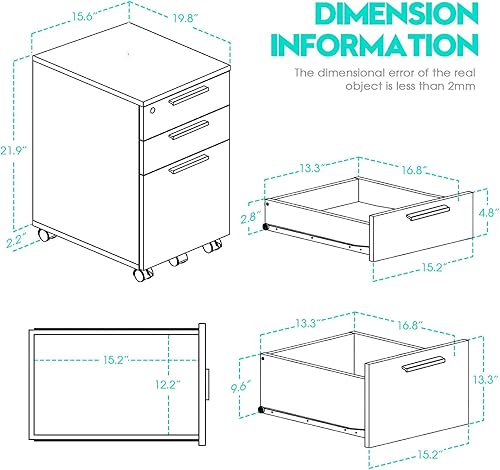 Miniatura 3 de VICLLAX Archivador móvil de 3 cajones, gabinete de almacenamiento de pedestal de madera para debajo del escritorio, gabinete de almacenamiento para