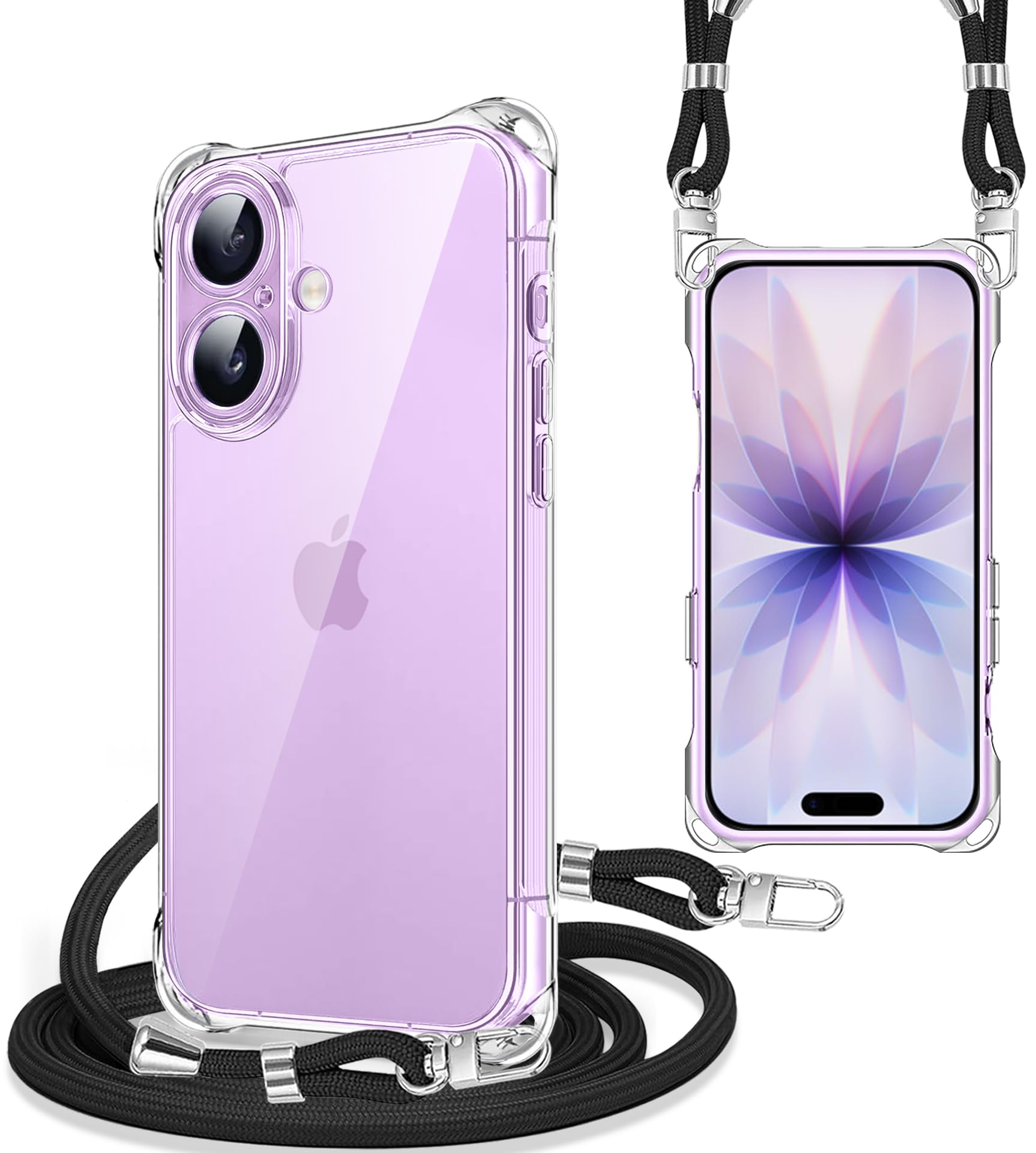 iPhone 17 用 ケース クリア ショルダー アイフォン17 カバー 肩掛け 斜めかけ 縄掛けケース 透明 スマホケース TPU 薄型 軽量 耐衝撃 携帯ケース 紐付き 斜めがけ 織りストラップ付き ネックストラップ 縦/横 2WAY 長さ調整可能 取り外し可能 落下防止 ワイヤレス充電対応 (クリア)