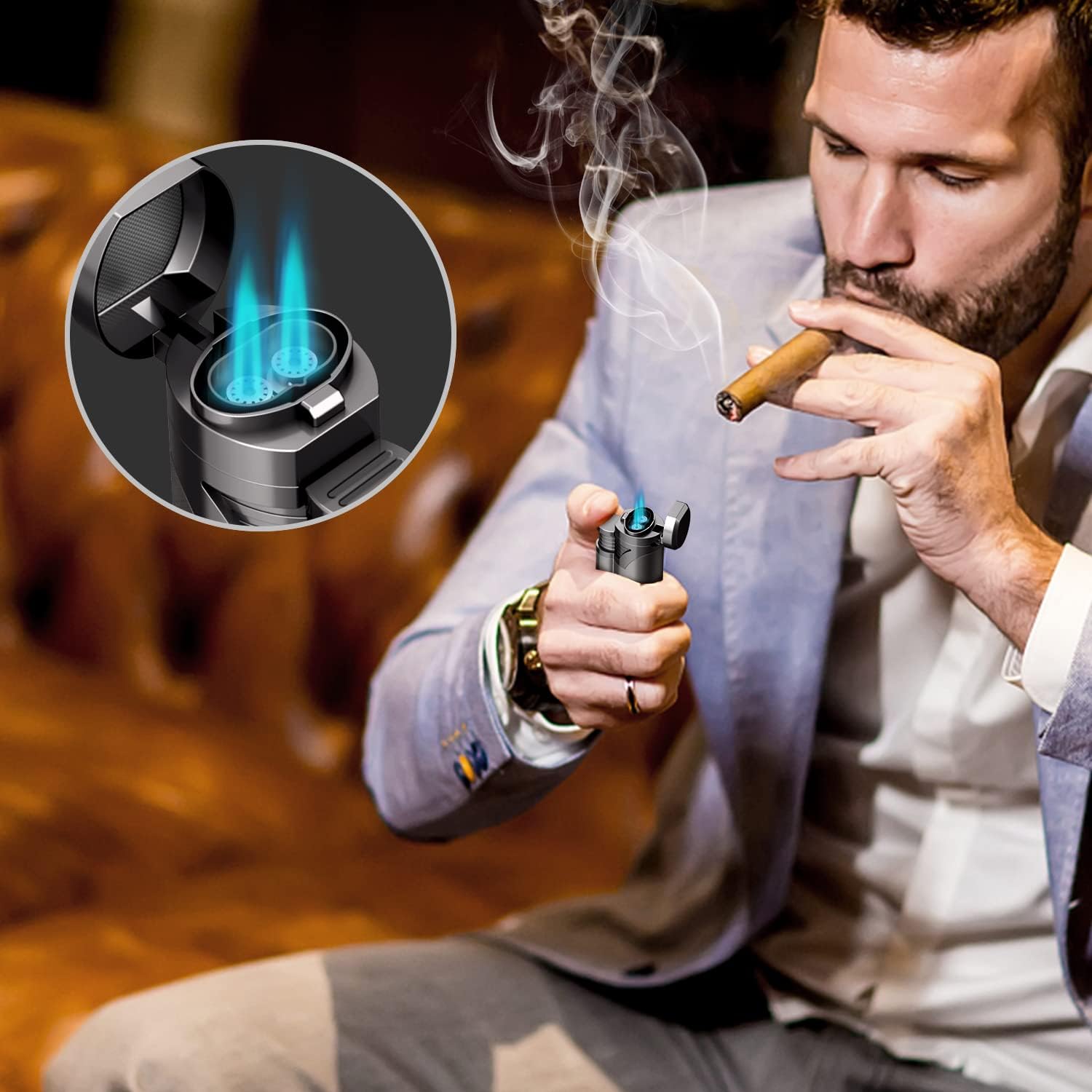 TOPKAY Torch Lighter, Cigar Lighter, Pipe Lighter, Adjustable Jet Flame Torch Lighter, Windproof Refillable Butane Gas Torch Lighter with Cigar Punch, Zinc Alloy Material (Sold Without Gas)