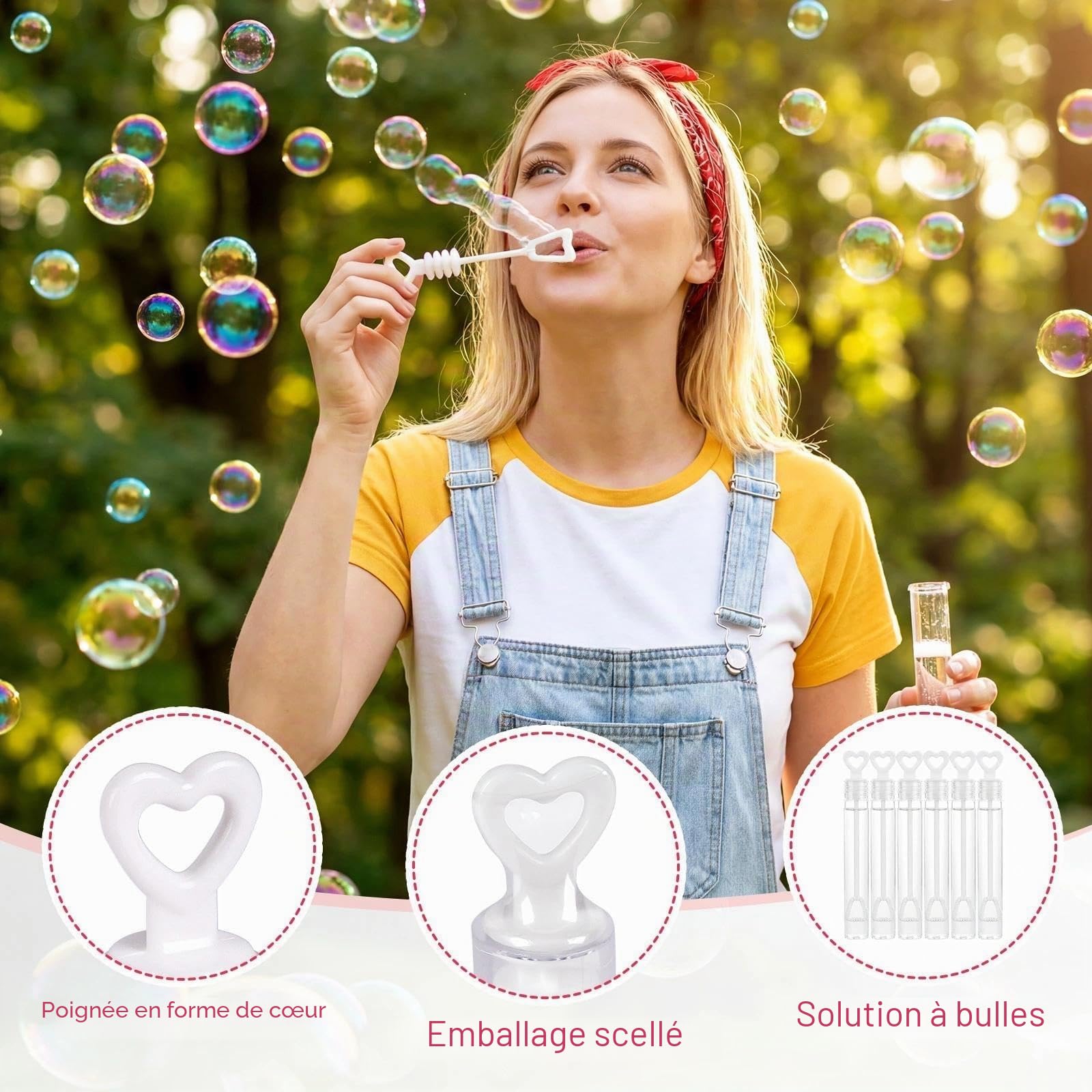 Sweelov 100 Bulles de Savon Mariage – pour Les Mariages et fêtes Fiançailles, Saint Valentin, Fête d’Anniversaire – avec poignée en Forme de cœur – Ne Tache Pas