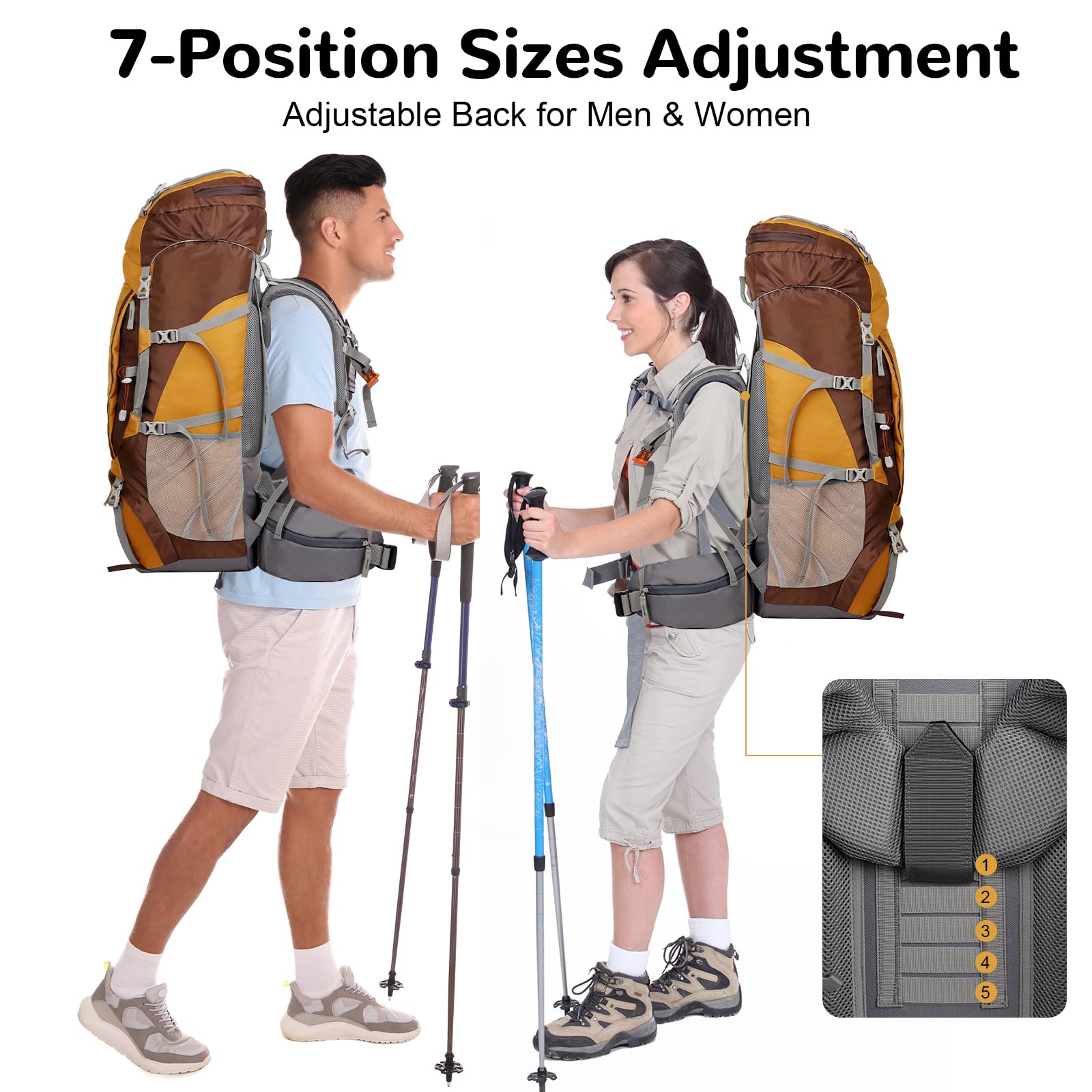 75L Zaino Trekking Regolabile, Grande Zaino da Viaggio con Copertura Antipioggia, Zaino Montagna Impermeabile con Distaccabile Barre in Alluminio per Campeggio Escursionismo, Giallo