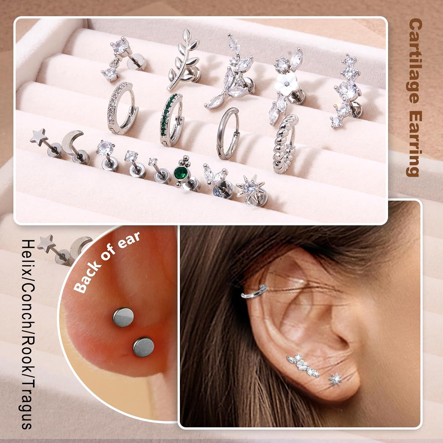 Surgical Steel Cartilage Earrings for Women Flat Back Earrings 14K Gold Daith Conch Tragus Helix Piercing Jewelry Studs Hoop Earring Set for Multiple Piercing - Image 4