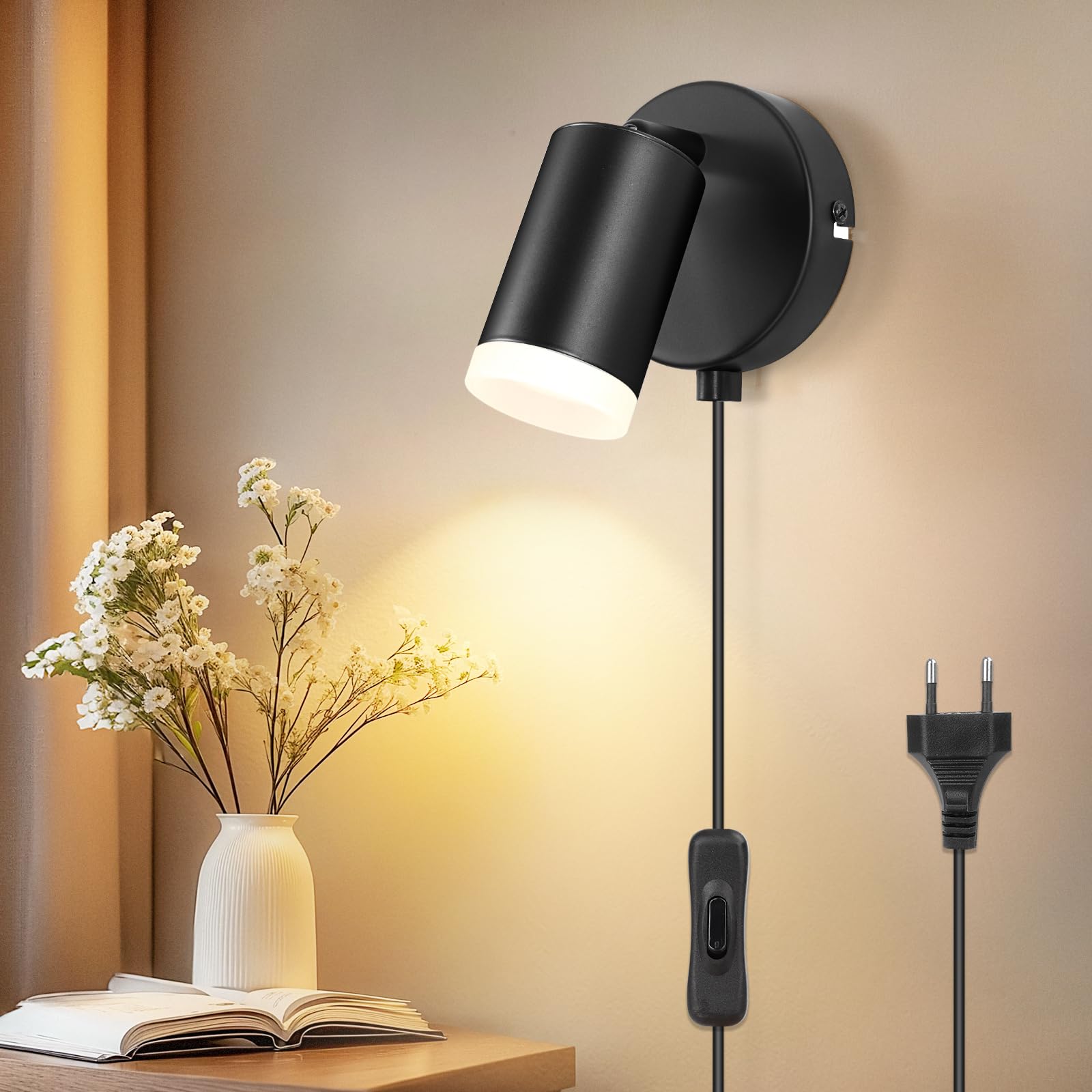 Dehobo Wandleuchte mit Stecker und Schalter - LED Wandlampe Innen GU10 Schwarz Matt Rund Drehbare 350°- Wandleuchte mit Kabel für Schlafzimmer Studie Büro - Ohne Leuchtmittel