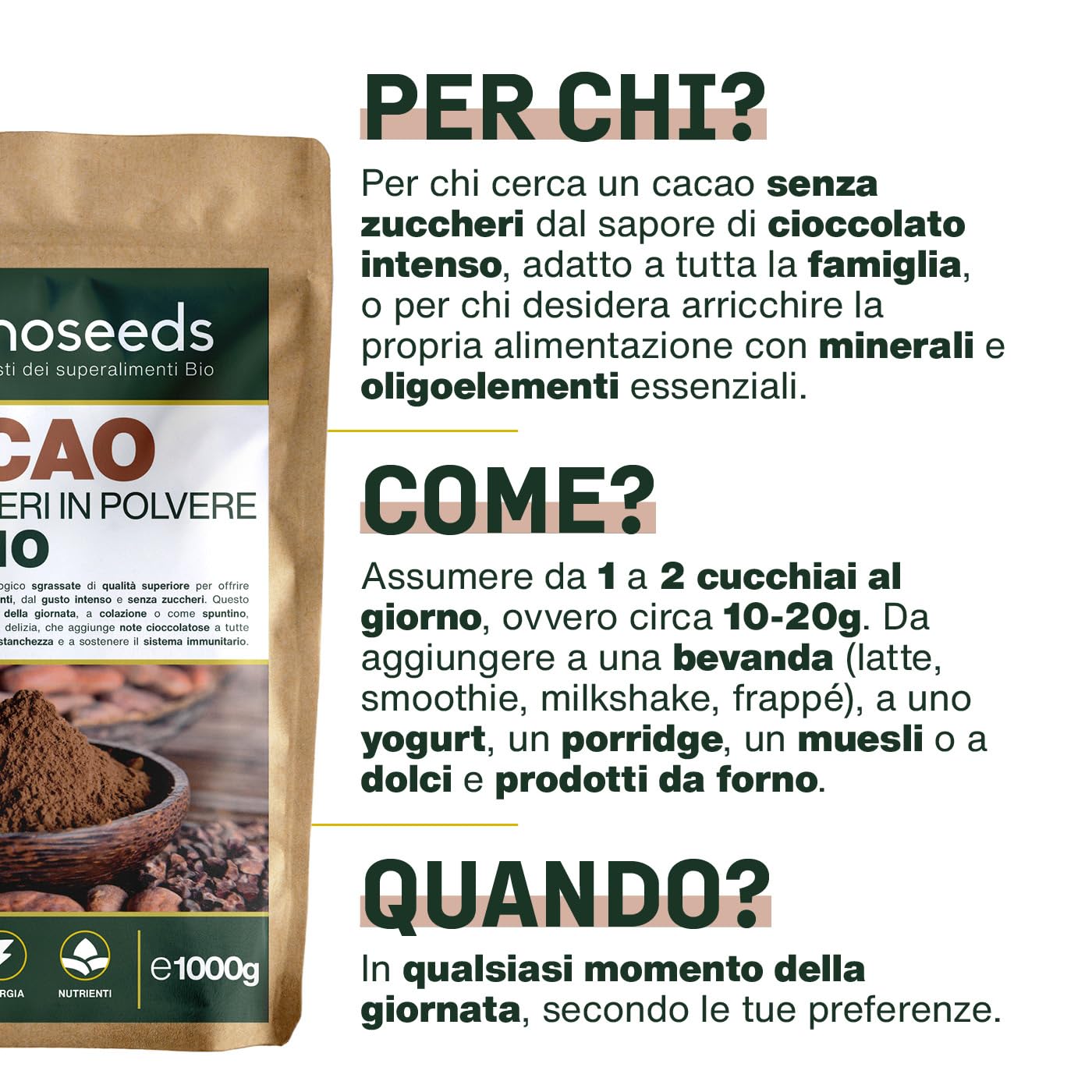 Cacao Senza Zuccheri in polvere BIO 1KG | Fave sgrassati di Cacao Bio, 100% puro | Gusto Intenso di Cioccolato | Qualità superiore