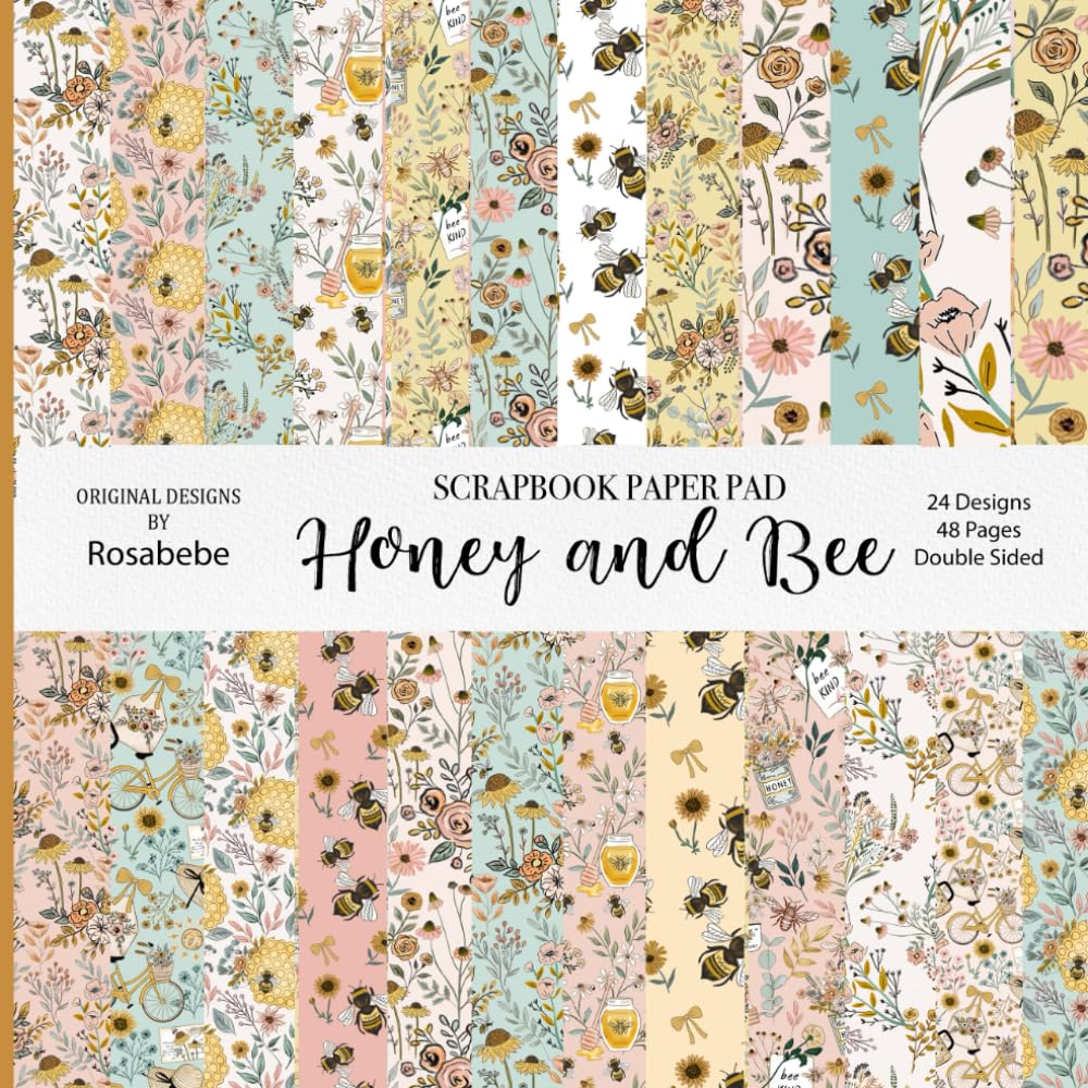 Honey and Bee Scrapbook Pad 48 Pages Double Sided Bee Pattern Paper Spring Floral Scrapbook Paper 8.5x8.5 Inch Bee Floral Decorative Paper