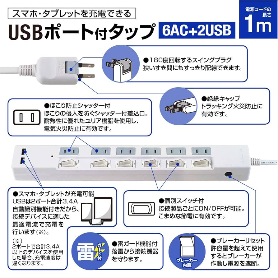 Amazon.co.jp: スタイルド USB充電ポート付き 電源タップ USB