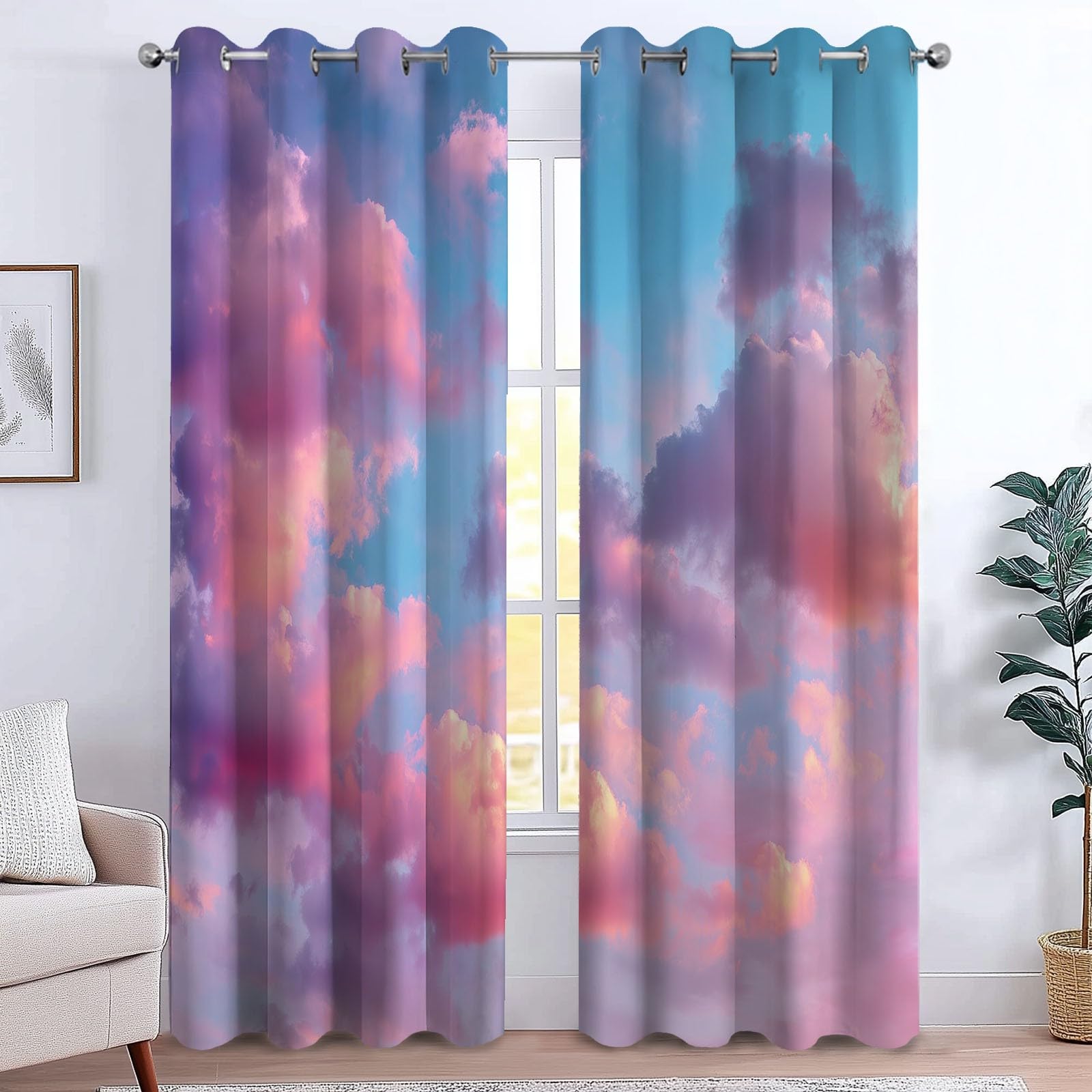 Generisch Verdunklungsvorhänge Retro Wolken Kinderzimmer Vorhänge Blickdicht, Rosa Thermovorhang mit Ösen, für Schlafzimmer Fenster & Balkon Himmel Natur Fantasie - 110 x 215 cm (2er Set)