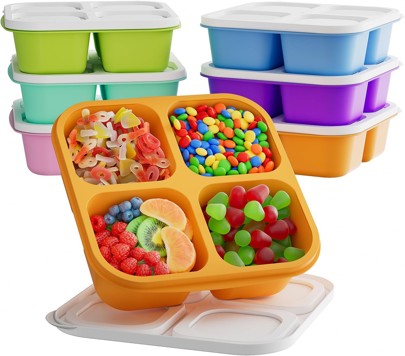 6 Pcs Bento Snack Containers, Reusable 4 Compartment Food Storage Container with Lids, Divided Lunchable Container, Freezer, Microwave & Dishwasher Safe (6 Color)