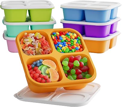 KEMETHY 6 Pcs Bento Snack Containers, Reusable 4 Compartment Food Storage Container with Lids, Divided Lunchable Container, Freezer, Microwave & Dishwasher Safe 6 Color