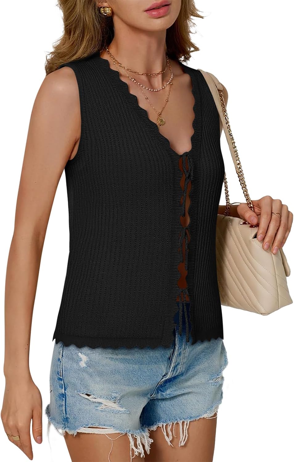 COCCKO Womens Summer Tops Vacation Beach Outfits Cute Tie Front Crochet Vest Knit Sleeveless Sweaters