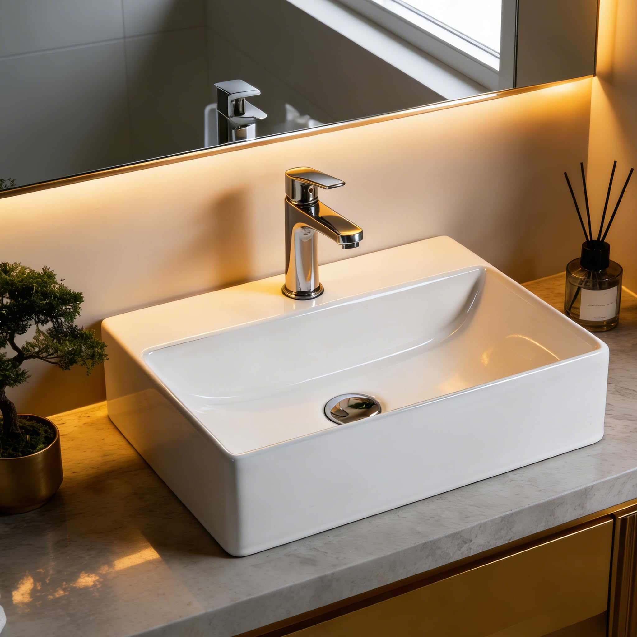 NUESTRA VIDA​ Lavabo à Poser Blanc Rectangulaire | Céramique Haute Qualité | Pour Salle de Bain & WC | Dimensions : 51 x 36 x 12 cm