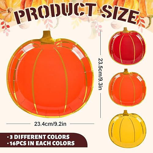 Miniatura 2 de Whaline 48 platos de papel de calabaza de otoño, platos desechables con forma de calabaza dorada, platos desechables rojos, naranjas, amarillos,