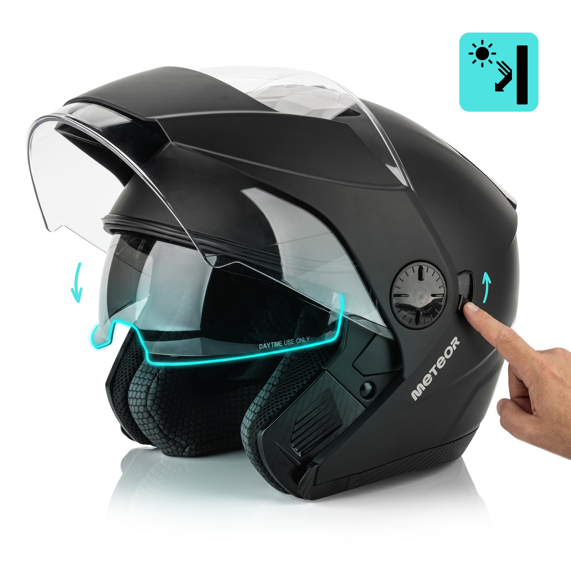meteor Casco Moto Jet homologado ECE 22.06 con Parasol Hombre Mujer | Hekato casco jet moto hombre mujer con doble pantalla y parasol - homologado ECE 22.06 - ligero - tallas M L XL