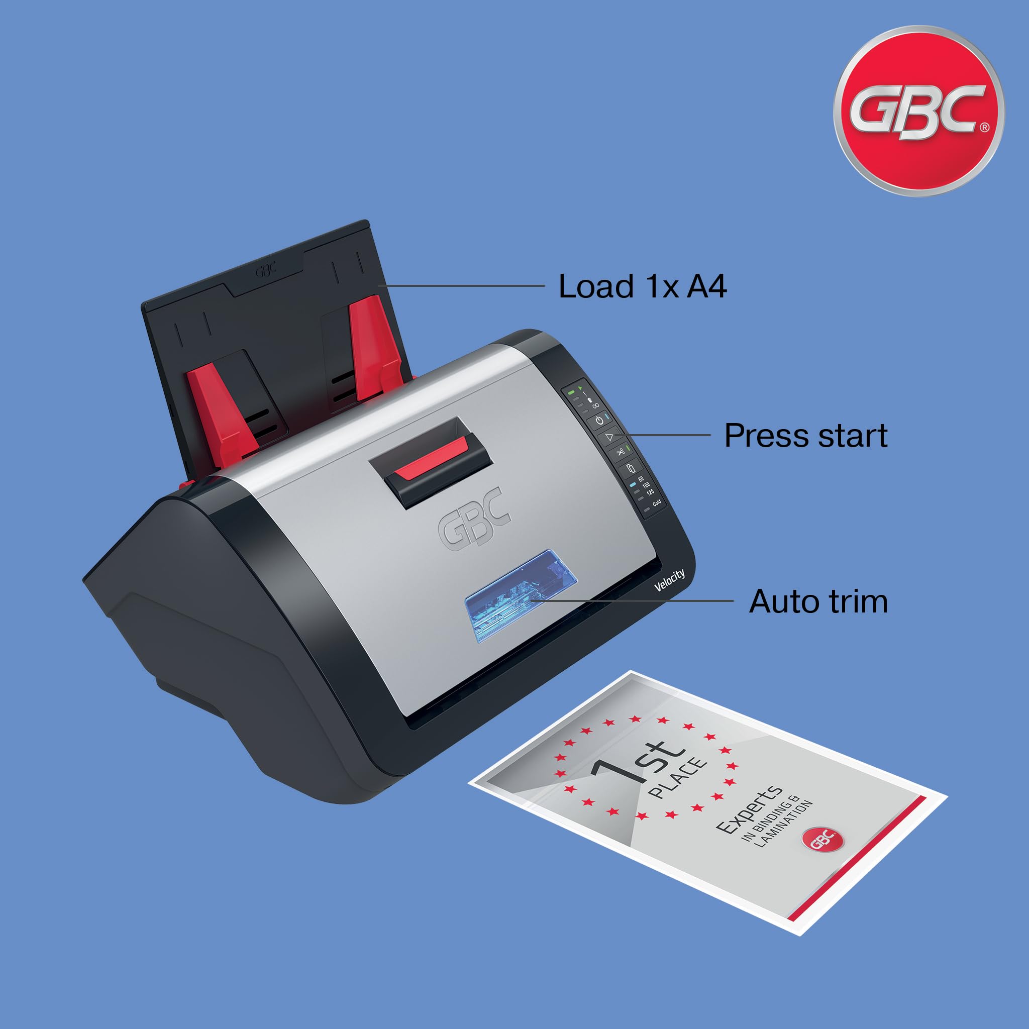 Plastificatrice Automatica GBC Velocity A4 - Plastificatrice da Tavolo con Allineamento e Taglio Automatico, Riscaldamento Rapido - Include Cartuccia Starter 80 Micron 42,5x23,5x34cm