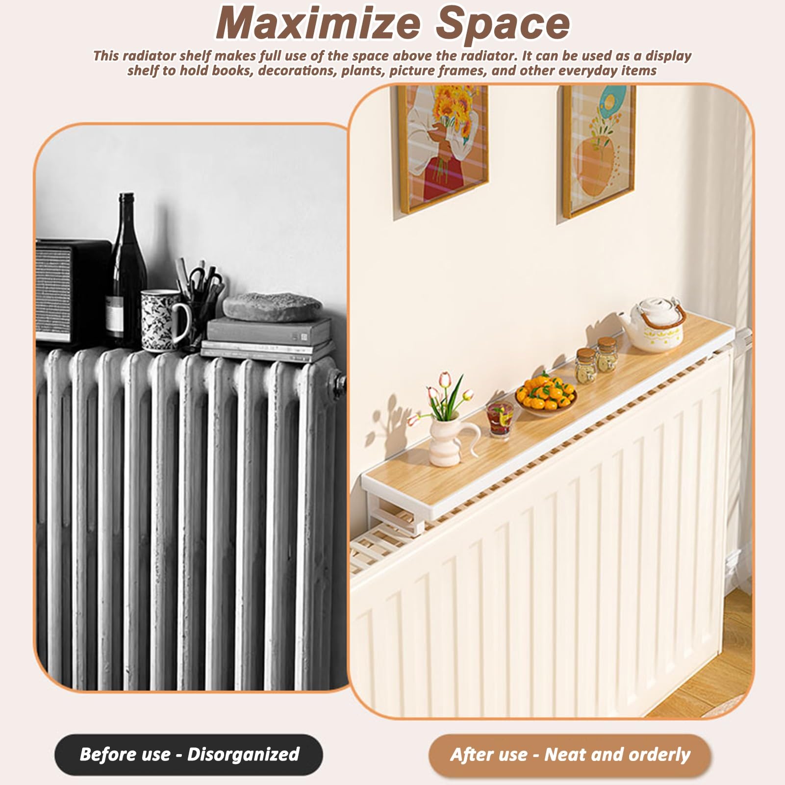 Mensola sospesa in legno senza trapano per termosifoni, bordi arrotondati, 40/50/60 cm, soluzione per riporre il riscaldamento, antipolvere, design salvaspazio (bianco, 40 cm)