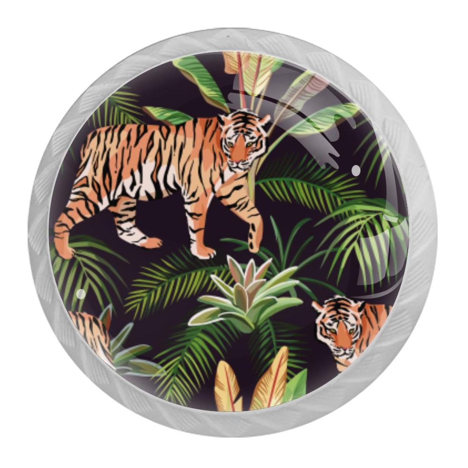 Tqmspg 4 Pieces Drawer Pulls Tiger Jungle Animal and Tropical Leaves Door Knobs Dresser Handles for Kitchen Wardrobe Cupboard Hardware Furniture
