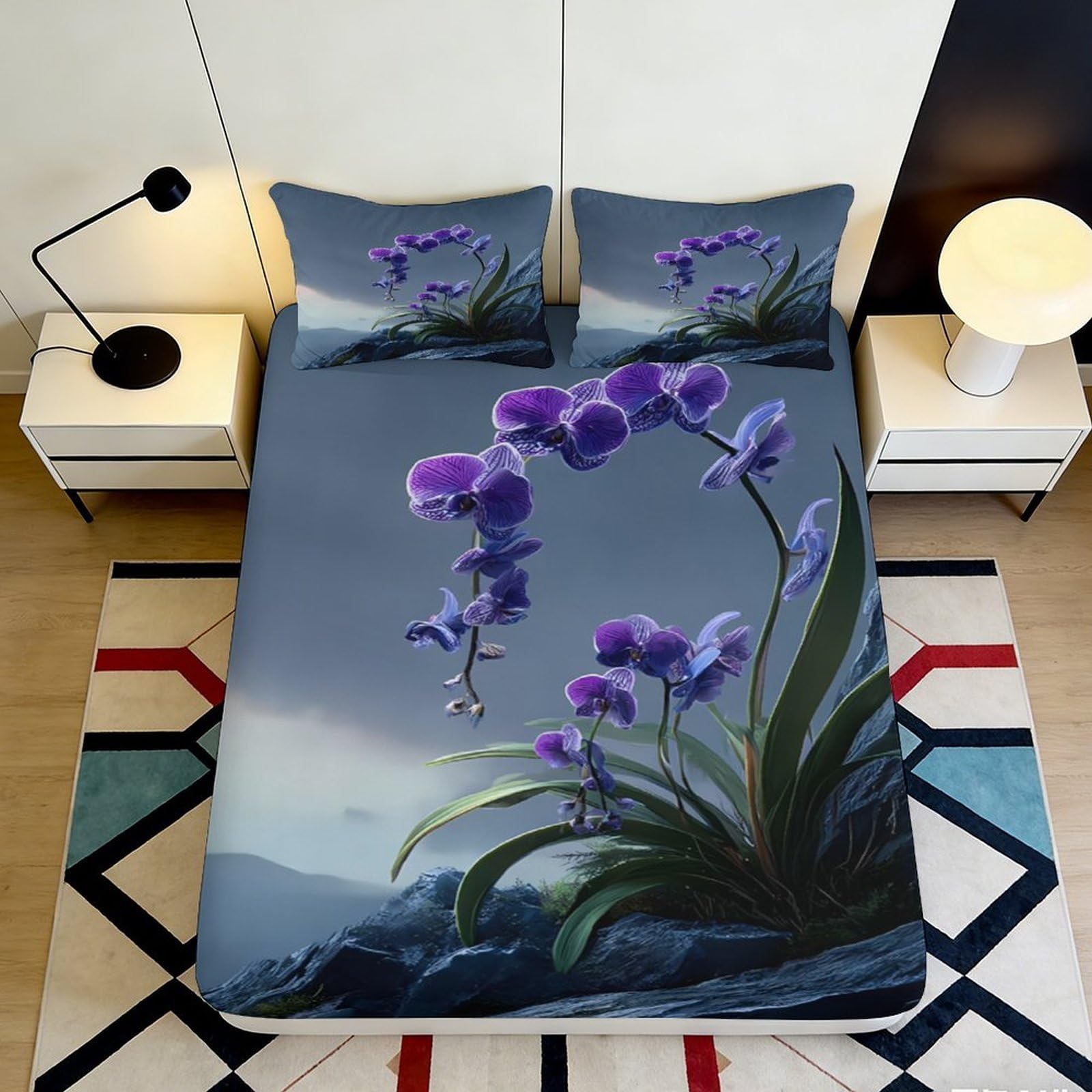 3D Printed Purple Orchid Fitted Sheet Microfiber Deep Pocket Non-Slip Purple Orchid Mattress Fitted Cover Bedroom Bedding Washable 120x200x25cm