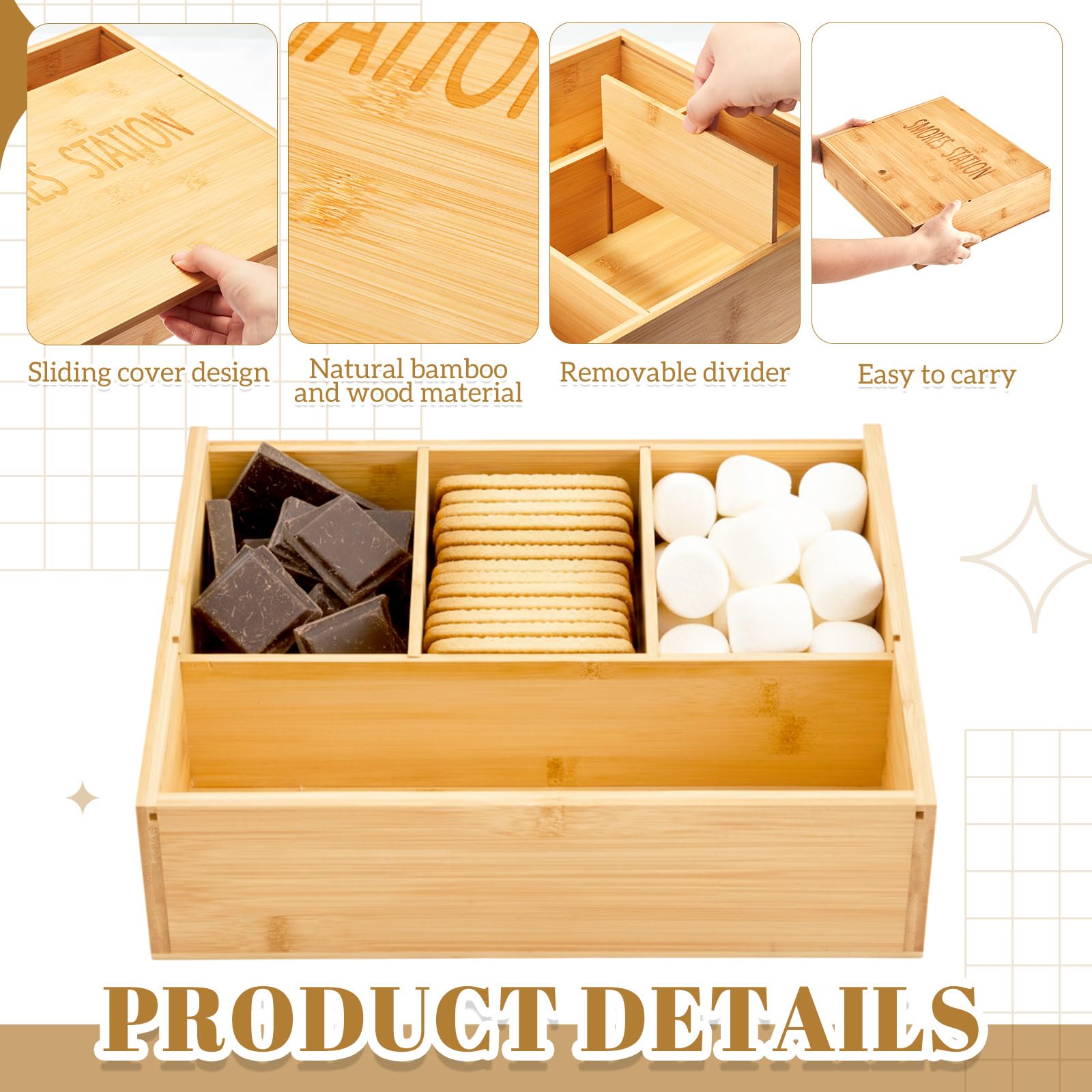 LemonRoad Smores Kits, caja de bambú S'mores Kit con tapa, 6 varillas extensibles para asar y bolsa de transporte, juego de utensilios de cocina portátiles de camping para fiesta de picnic al aire