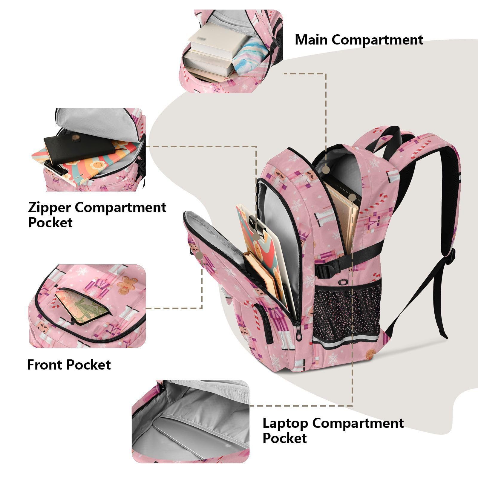 Grand sac à dos de voyage rose motif soldats casse-noisette pour homme et femme - Sac à dos rose pour adolescentes et filles - 43,2 à 5 pouces