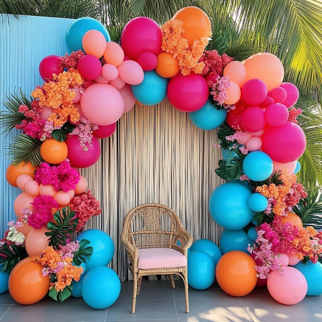 Hot Pink Blue Orange Balloon Garland - Double Stuffed Teal Orange Pastel Pink Peach Latex Metallic Burgundy Balloon Arch Kit for Colorful Baby Shower Wedding Gathering Birthday Party Decoration