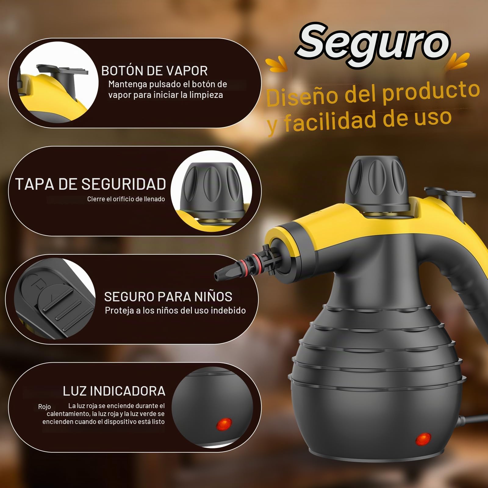 Limpiador A Vapor Portátil 1050W, Steam Cleaner De Mano Alta Presión, Calentamiento Rápido, 9 Accesorios, Sin Químicos, Para Baño, Cocina, Ventanas, Sofá, Tapicería, Juntas, Azulejos, Coche