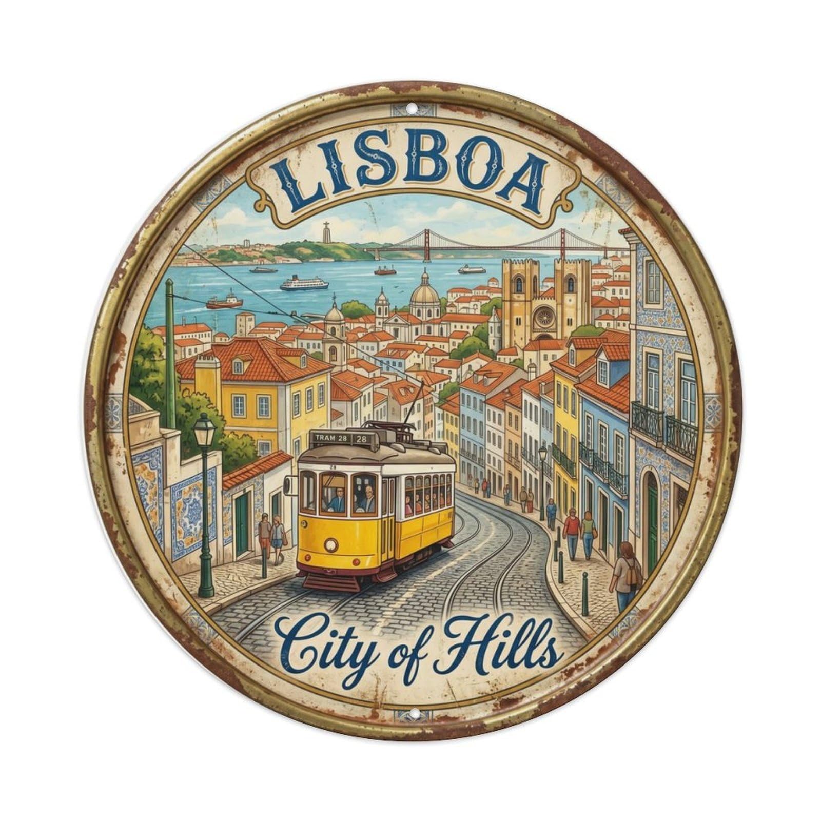 Vintage Travel Lisbon Tram Hills Metal Tin Sign Plaque Wall Decor for Cafe, Club, Garden Round Metal Poster 8x8Inch