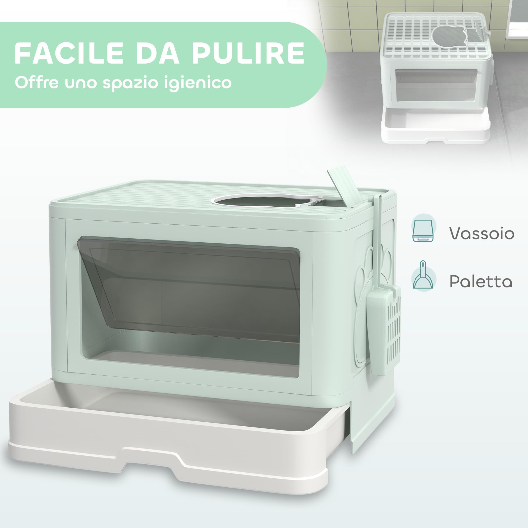 PawHut Lettiera per Gatti Chiusa con Coperchio Apertura Frontale Verde | Toilette per Gatti, Doppia Entrata Frontale e Superiore, Cassetto Estraibile, Paletta e Spazzola, Facile da Pulire