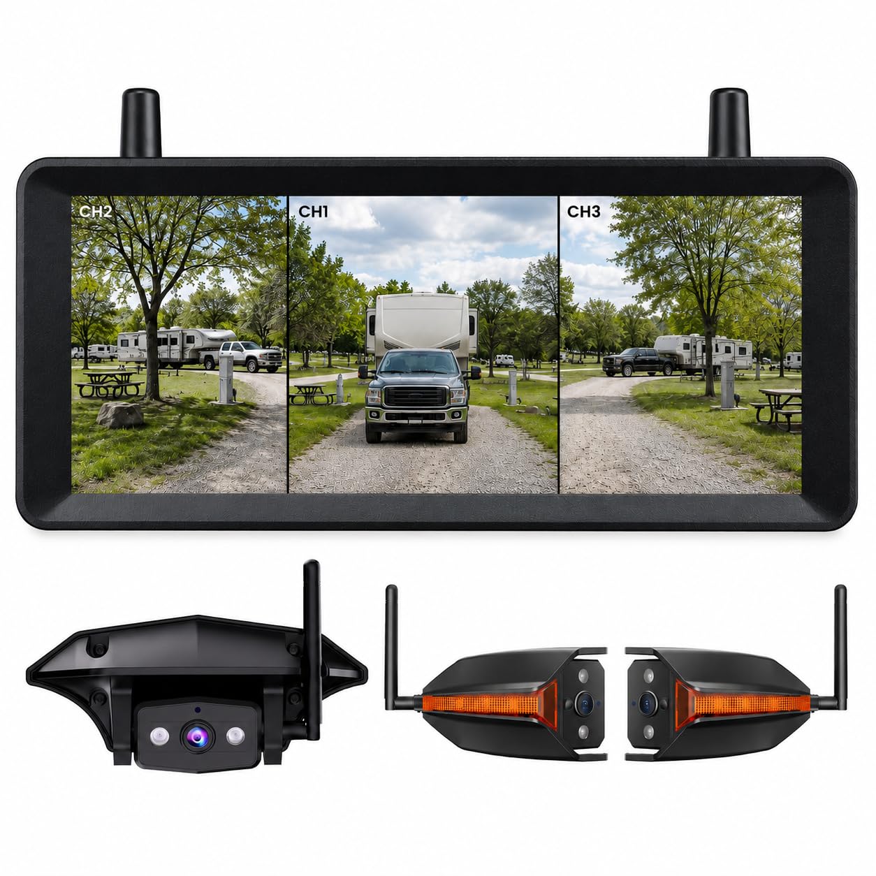 AUTO-VOX Wireless RV Backup Camera System with Rear & Side Cameras | 30-Min Plug and Play Install, 7.2" 1080P Full View Monitor for Clear Night Vision, Stable Live View for Travel Trailer Camper 3 Cameras