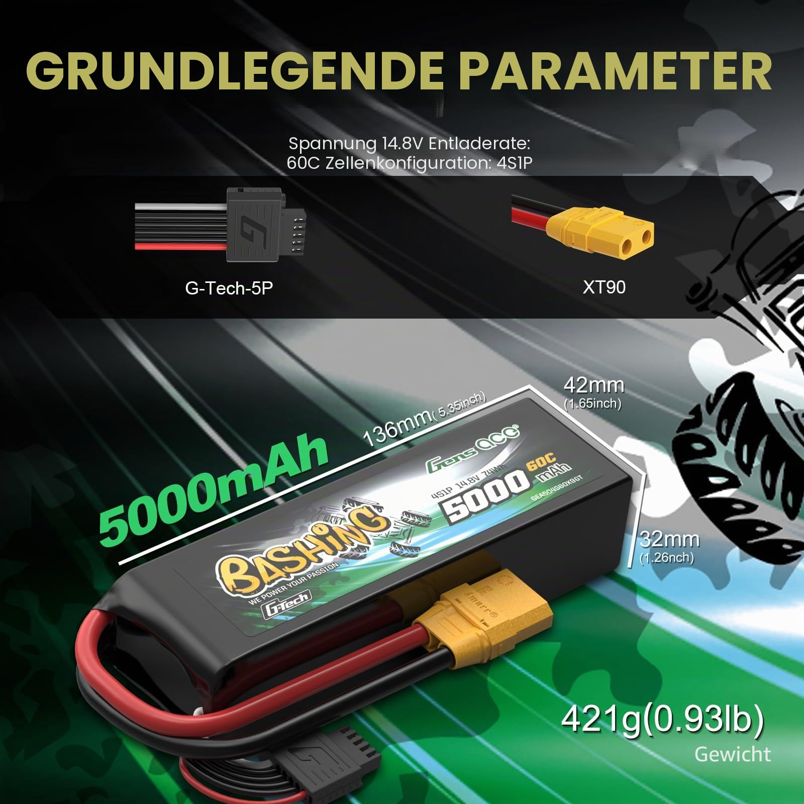 Gens Ace 4S 14,8V 5000mAh 60C LiPo Akku G-Tech mit XT90 Stecker, Bashing Serie für 1:8 & 1:10 RC Autos, Monster Trucks und Offroad-Modelle