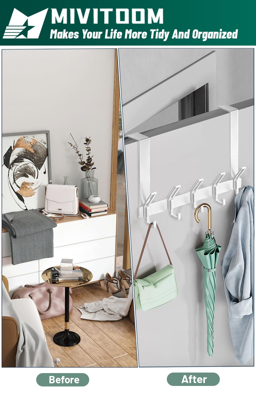 MIVITOOM Over The Door Hook Hanger with 5 Strong Coat Hooks for Hanging Clothes Towels Robes Space Saving for Bathroom Bedroom Living Room Door White - Image 3