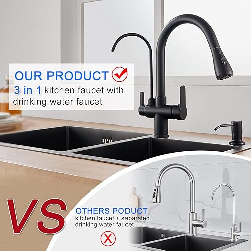 Miniatura 5 de Grifo de cocina 3 en 1 con grifo de agua potable, grifo de filtro de grifo de fregadero de cocina con rociador extraíble de 18 pulgadas (negro mate)