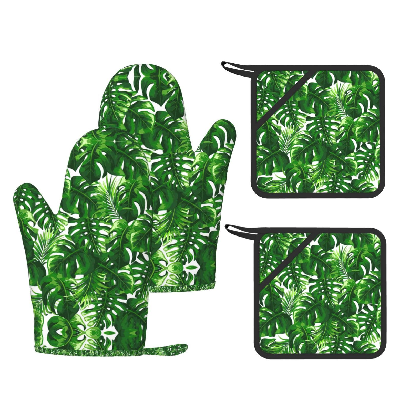 Eeprty Black Monstera Deliciosa Banana Palm Printed Kitchen Oven Gloves And Potholder 4 Pcs, Non-Slip Heat Resistant Mitts For Baking Chef