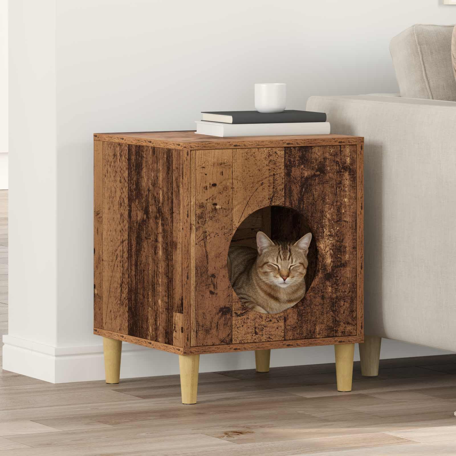 Katzenhaus Indoor aus Holzwerkstoff, Moderne Katzenhöhle in Altholz-Optik, Rechteckige Katzenhütte für Wohnzimmer, Robustes Haustierhaus, 42,5 x 40 x 53 cm